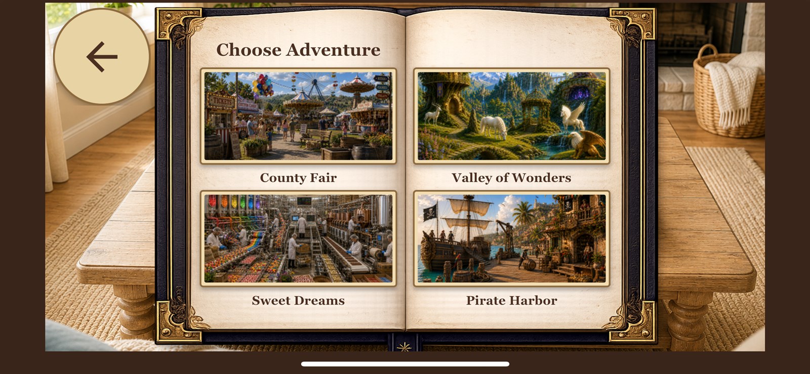 FamFind adventure selection screen showing County Fair, Valley of Wonders, Sweet Dreams, and Pirate Harbor